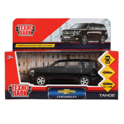 Машина металл CHEVROLET TAHOE длина 12 см, двери, багаж, инерц, черный, кор. Технопарк в кор.2*36шт