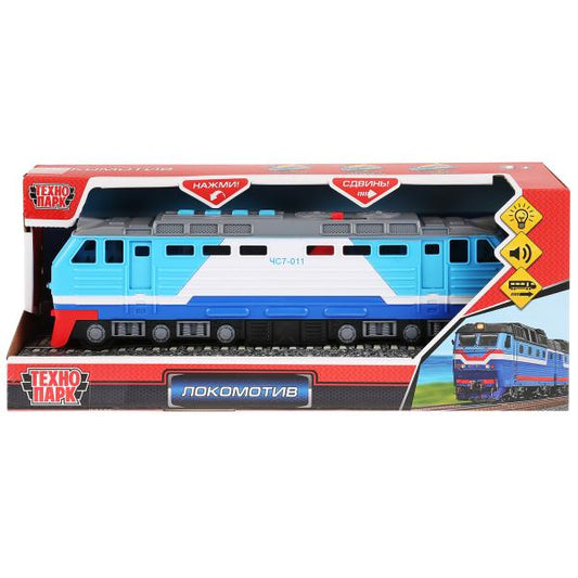 LOCO-30PL-BU Модель пластик свет-звук ТЕПЛОВОЗ 30 см, двери, 4 кноп, инер, синий, кор. Технопарк в к