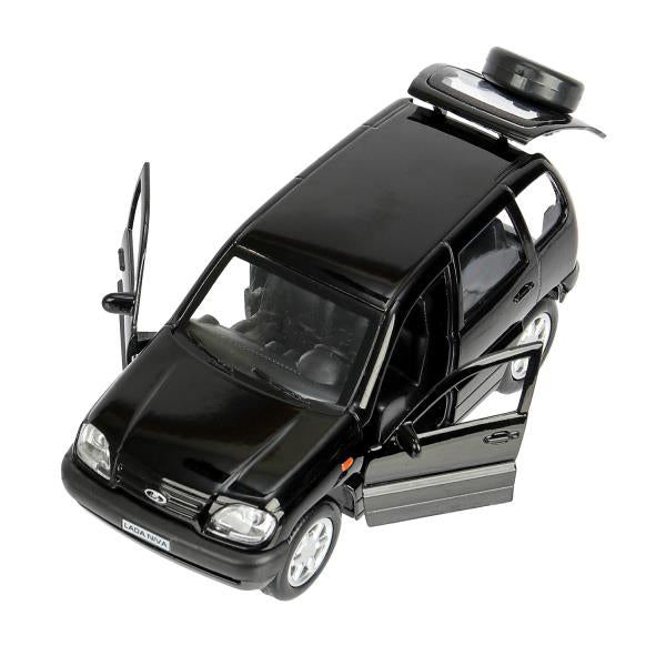 Машина металл LADA NIVA длина 12 см, двери, багаж, инерц, черный, кор. Технопарк в кор.2*36шт