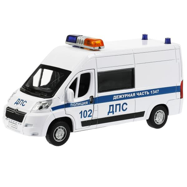 Машина металл свет-звук CITROEN JUMPER ПОЛИЦИЯ 14 см, двер, инер,белый, кор. Технопарк в кор.2*36шт