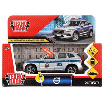 Машина металл свет-звук "volvo xc60 r-desing полиция" 12см,инерц,серебристый. Технопарк в кор.2*36шт