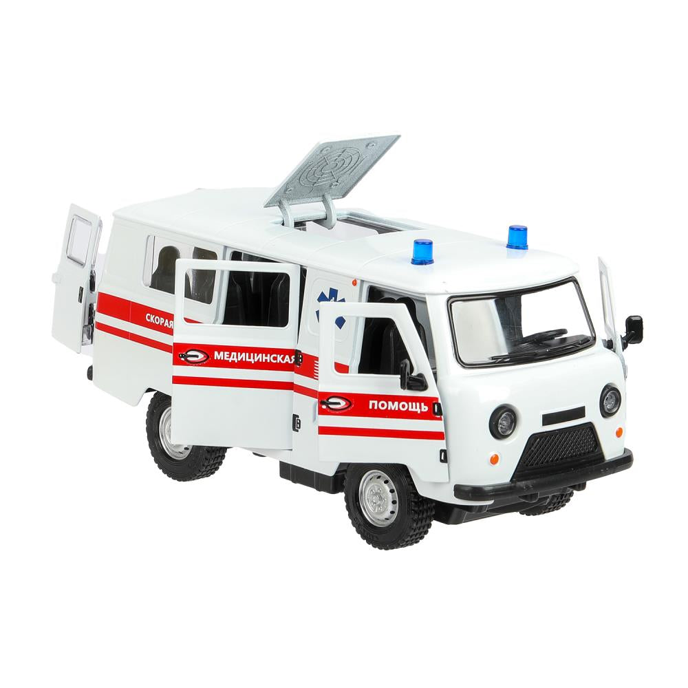 Машина металл свет-звук UAZ УАЗ 452 СКОРАЯ, 18,5 см, св-зв,дв,люк,баг,ин,бел Технопарк в кор.2*18шт