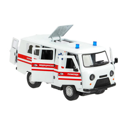 Машина металл свет-звук UAZ УАЗ 452 СКОРАЯ, 18,5 см, св-зв,дв,люк,баг,ин,бел Технопарк в кор.2*18шт