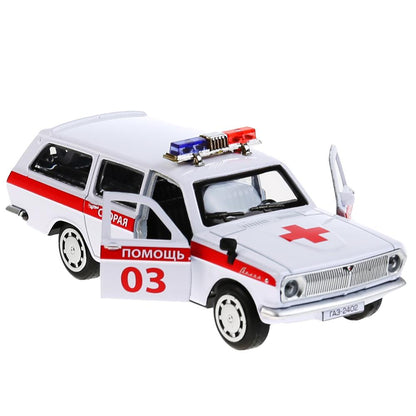 2402-12AMB-WH 303651 Машина металл ГАЗ-2402 "ВОЛГА" СКОРАЯ 12 см, двери, багаж, белая, в кор. Техн