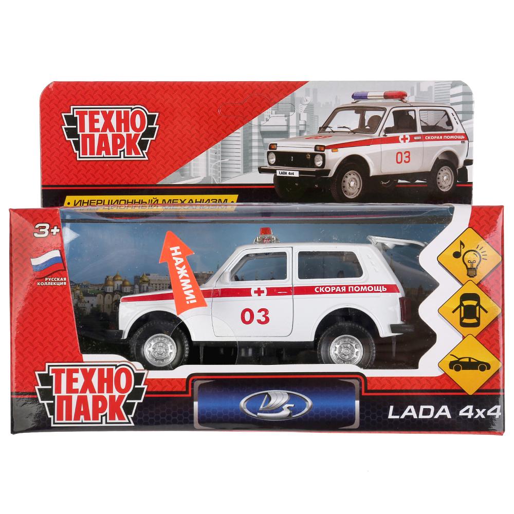 Машина металл свет-звук "LADA 4x4 СКОРАЯ" 12см, открыв. двери, инерц. в кор. Технопарк в кор.2*36шт
