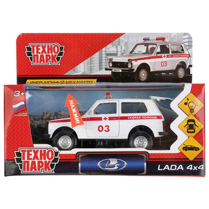 Машина металл свет-звук "LADA 4x4 СКОРАЯ" 12см, открыв. двери, инерц. в кор. Технопарк в кор.2*36шт