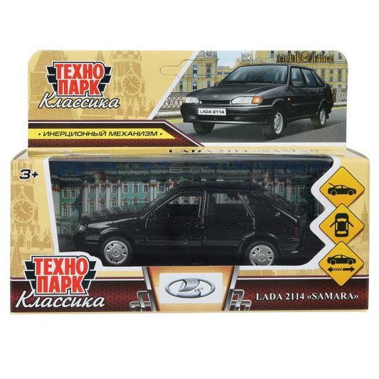 Машина металл LADA -2114 "SAMARA", 12 см, двери, багаж, инерц., черный, кор. Технопарк в кор.2*36шт