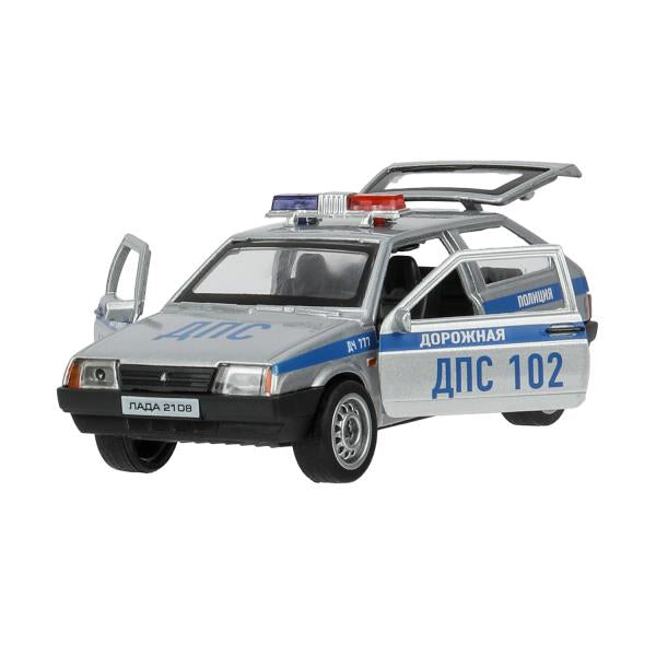 Машина металл LADA-2108 "СПУТНИК" ПОЛИЦИЯ 12 см, двери, багаж, кор. Технопарк в кор.2*36шт