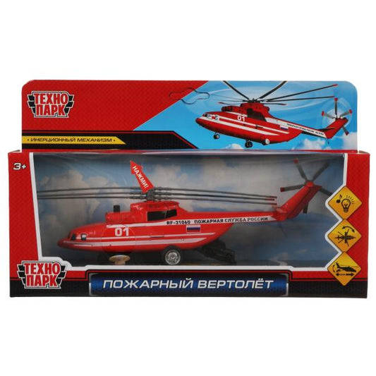 COPTER-20SLFIR-RDWH Модель металл свет-звук ВЕРТОЛЕТ ПОЖАРНЫЙ 20 см, люк, подвиж дет, кор. Технопарк