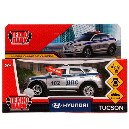 Машина металл свет-звук HYUNDAI TUCSON ПОЛИЦИЯ 12 см, двер, баг, инер, кор. Технопарк в кор.2*36шт