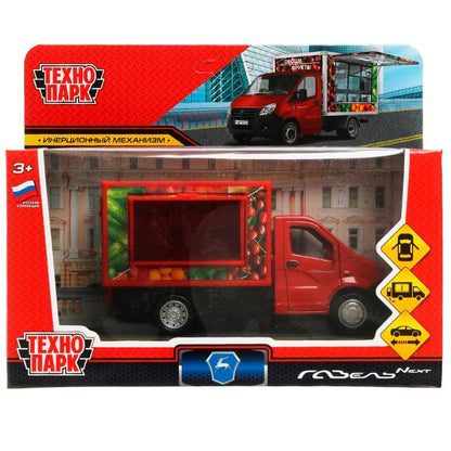 NEXTSHOP-15-FRU338047 Машина металл ГАЗЕЛЬ NEXT ФРУКТЫ 14 см, двер, прилав, инерц, красный, кор. Тех