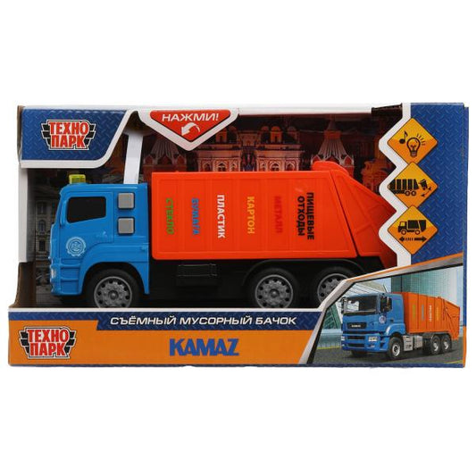 Машина пластик свет-звук KAMAZ МУСОРОВОЗ 17 см, бачок, инерц, син, кор. Технопарк в кор.2*36шт