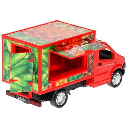 NEXTSHOP-15-FRU338047 Машина металл ГАЗЕЛЬ NEXT ФРУКТЫ 14 см, двер, прилав, инерц, красный, кор. Тех