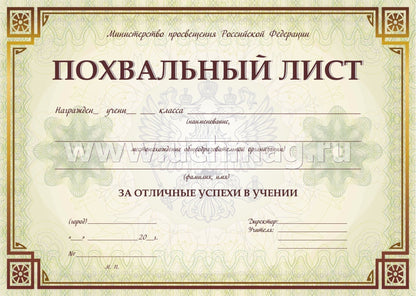 Похвальный лист с пометкой "Министерство просвещения Российской Федерации" (горизонтальная) /КЖ-703