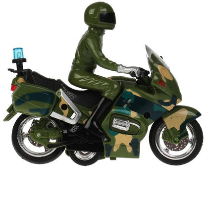 MOTOFIG-15PLMIL-GN Модель пластик свет-звук МОТОЦИКЛ ВОЕННЫЙ 15 см, 2 кноп, инерц, камуф, кор. Техно