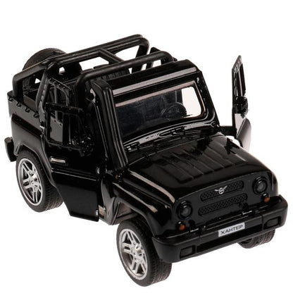Машина металл UAZ HUNTER длина 11,5 см, двери, багаж, инерц, черный, кор. Технопарк в кор.2*36шт
