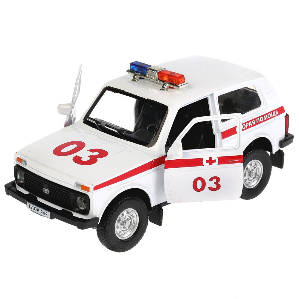 Машина металл свет-звук "LADA 4x4 СКОРАЯ" 12см, открыв. двери, инерц. в кор. Технопарк в кор.2*36шт