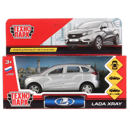 Машина металл LADA XRAY длина 12 см, двери, багаж, инерц, серебристый, кор. Технопарк в кор.2*36шт