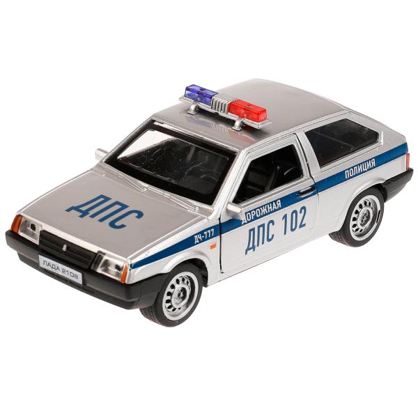 2108-12SLPOL-SR328308 Машина металл свет-звук LADA-2108 "СПУТНИК" ПОЛИЦИЯ 12 см, двери, кор. Технопа