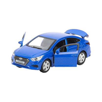 Машина металл HYUNDAI SOLARIS, 12 см, двери, багажн, инерц, синий, кор. Технопарк в кор.2*36шт