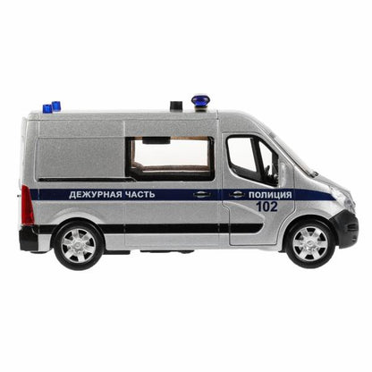 Машина металл свет-звук RENAULT master ПОЛИЦИЯ 14 см, двер, серебрист, кор. Технопарк в кор.2*32шт