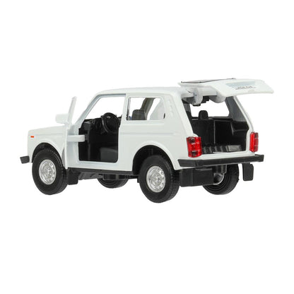 Машина металл LADA 4x4 длина 12 см, двери, багаж, инерц, белый, кор. Технопарк в кор.2*36шт