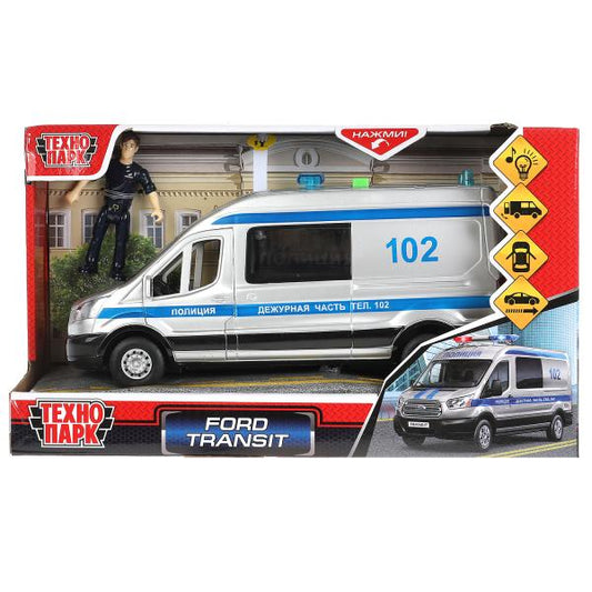 Машина пластик свет-звук FORD TRANSIT ПОЛИЦИЯ 22,5 см, двери, серебр, кор. Технопарк в кор.2*18шт