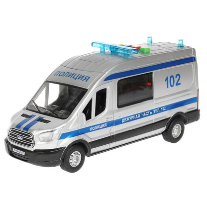 Машина пластик свет-звук FORD TRANSIT ПОЛИЦИЯ 22,5 см, двери, серебр, кор. Технопарк в кор.2*18шт