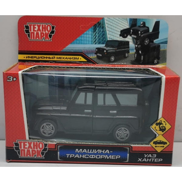 Машина пластик UAZ HUNTER 12 см, трансформер, инерция, черный, кор. Технопарк