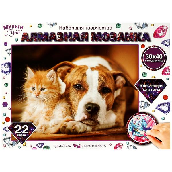 Алмазная мозаика 30*40 см на подрамнике щенок и котенок МУЛЬТИ АРТ в кор.24шт