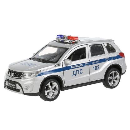 Машина металл SUZUKI VITARA ПОЛИЦИЯ 12 см, двери, багаж, серебр, в кор. Технопарк в кор.2*36шт