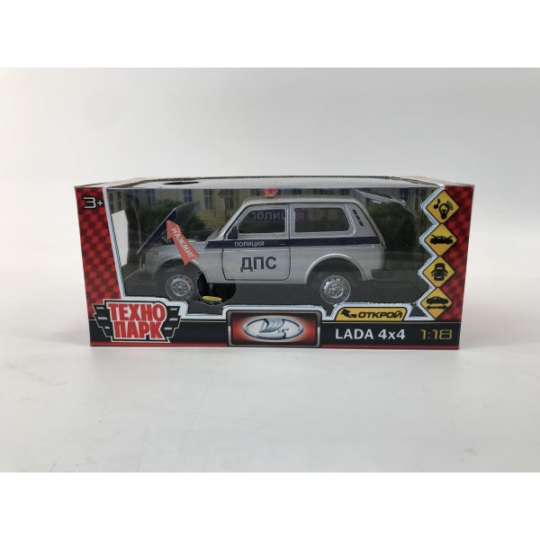 Машина металл свет-звук LADA lada 4x4, 18.5 см, двер, кап,баг,ин,ПОЛИЦИЯ сер Технопарк в кор.2*18шт