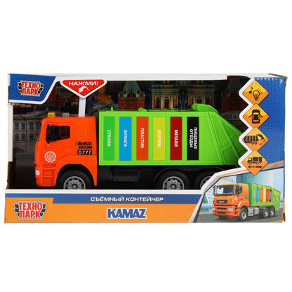 Машина пластик свет-звук KAMAZ МУСОРОВОЗ 30 см, бачок, двер, инер, зел, кор. Технопарк в кор.2*12шт