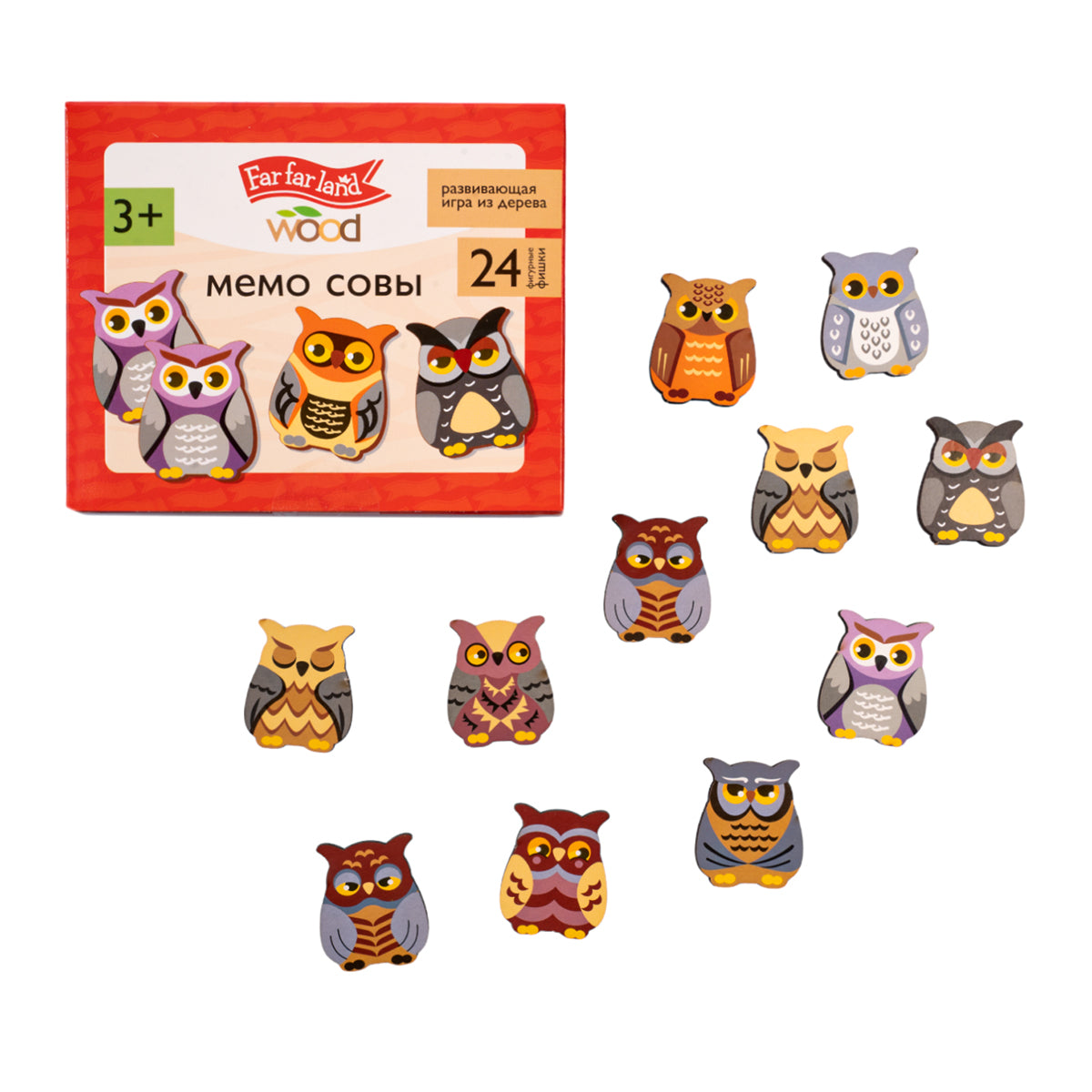 Игра настольная деревянная МЕМО "Совы" (24 фишки в коробке) Far far land wood