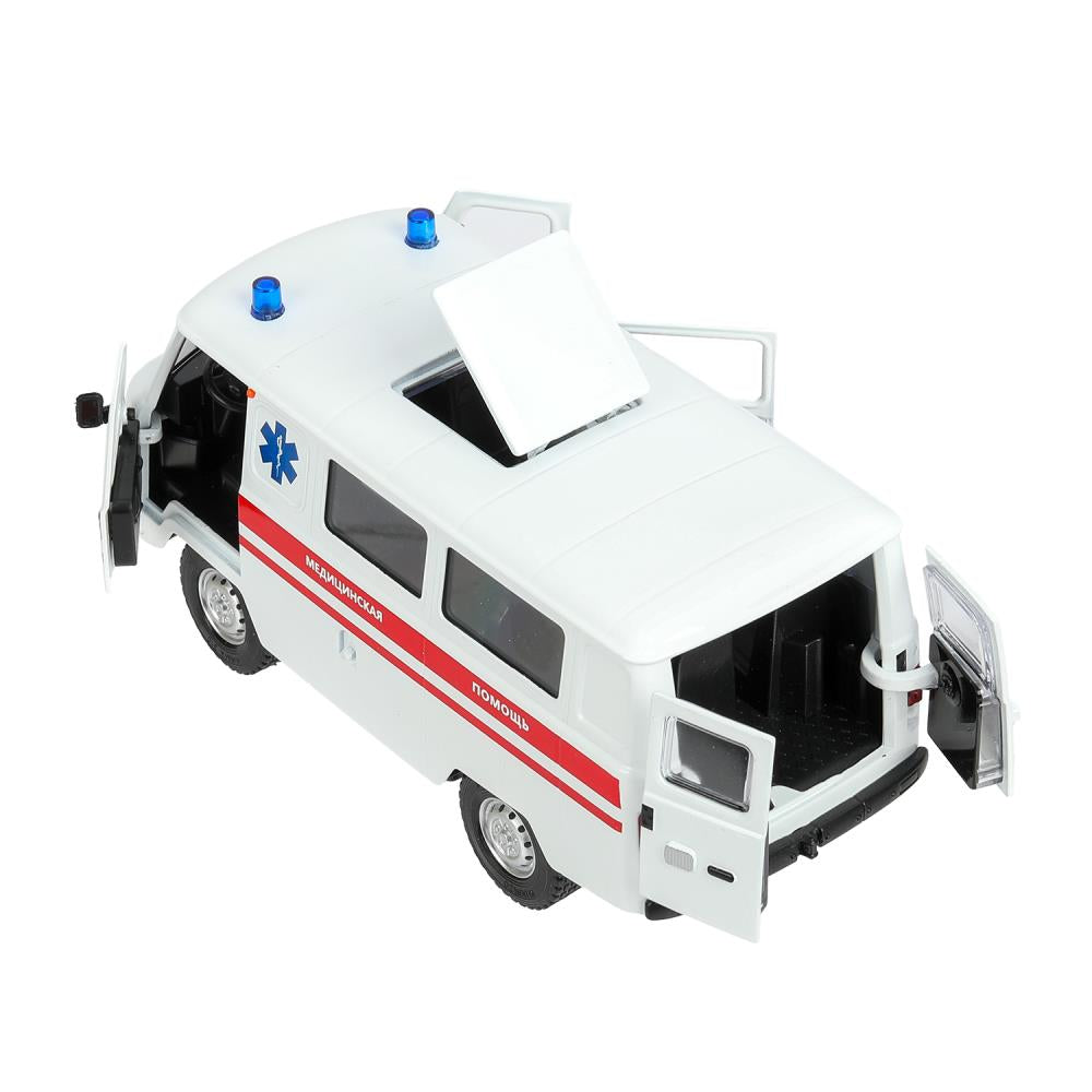 Машина металл свет-звук UAZ УАЗ 452 СКОРАЯ, 18,5 см, св-зв,дв,люк,баг,ин,бел Технопарк в кор.2*18шт
