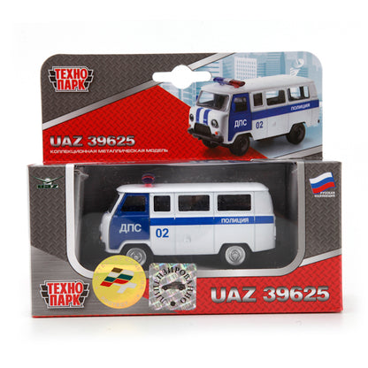 МАШИНА "ТЕХНОПАРК" МЕТАЛЛ. ИНЕРЦ. УАЗ 39625 ПОЛИЦИЯ ДПС, ОТКРЫВ. ДВЕРИ 6402 В РУСС.КОР. в кор.2*72шт
