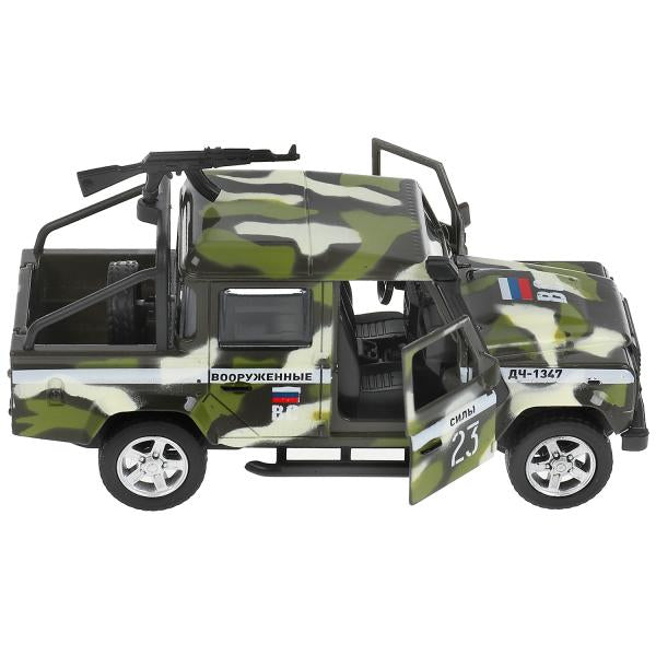 Машина металл свет-звук LAND ROVER DEFENDER PICКUP КАМУФЛЯЖ 12 см, двер,кор. Технопарк в кор.2*36шт