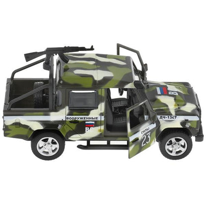 Машина металл свет-звук LAND ROVER DEFENDER PICКUP КАМУФЛЯЖ 12 см, двер,кор. Технопарк в кор.2*36шт