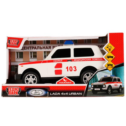 Машина пластик свет-звук LADA 4x4 URBAN СКОРАЯ 19,5 см, 2 кноп, инер, кор. Технопарк в кор.36шт