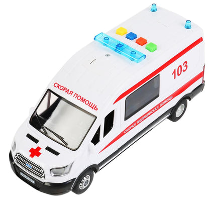 Машина свет+звук "ford transit скорая" 22,5см, пластик, инерц., белый в кор. Технопарк в кор.2*18шт