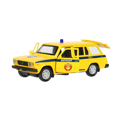 Машина металл свет-звук ВАЗ-2104 ЖИГУЛИ МИЛИЦИЯ 12 см,двери,желтый, кор. Технопарк в кор.2*36шт